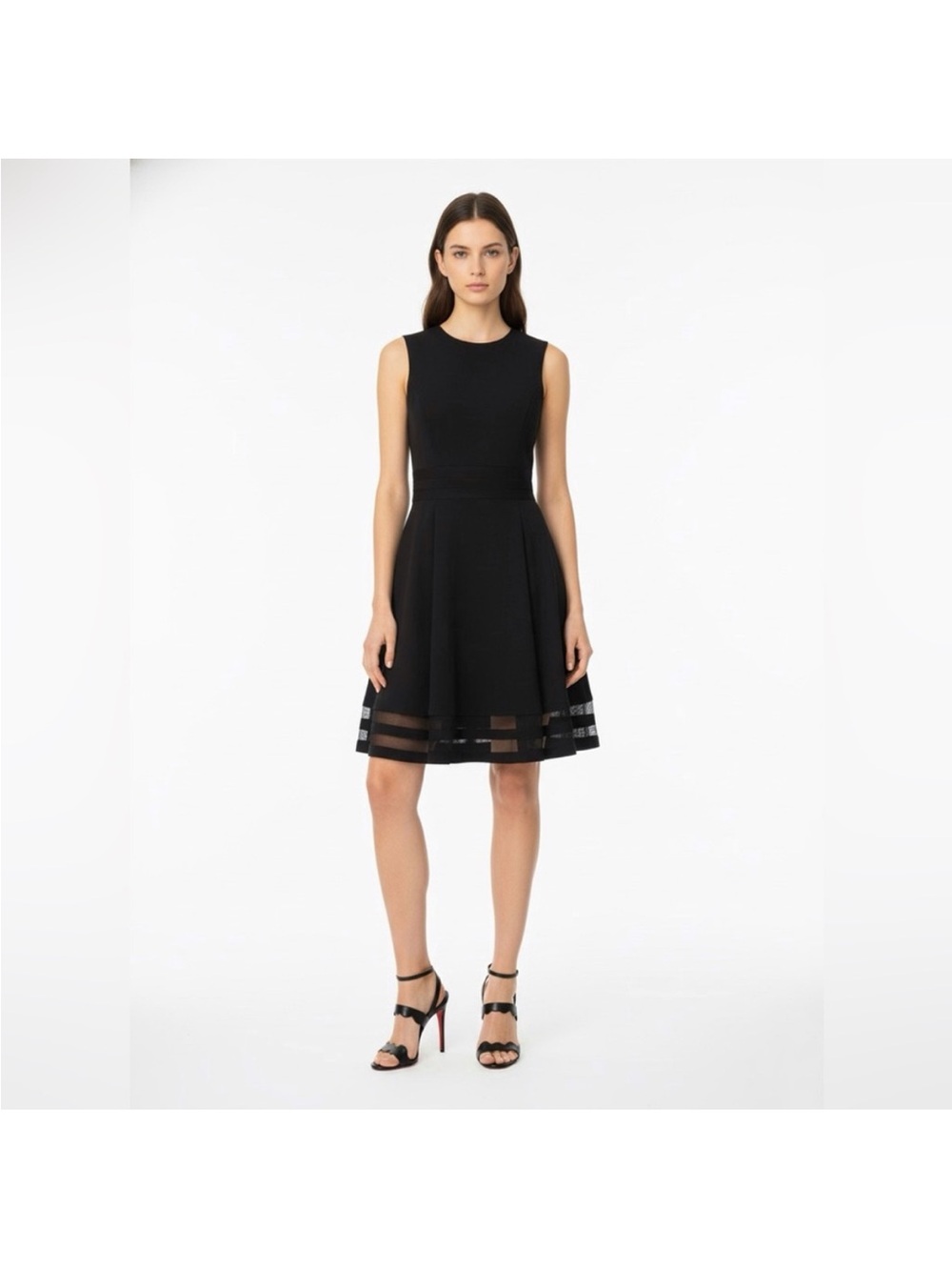 Calvin Klein Black Sleeveless Fit-and-Flare Dress with Sheer Hem